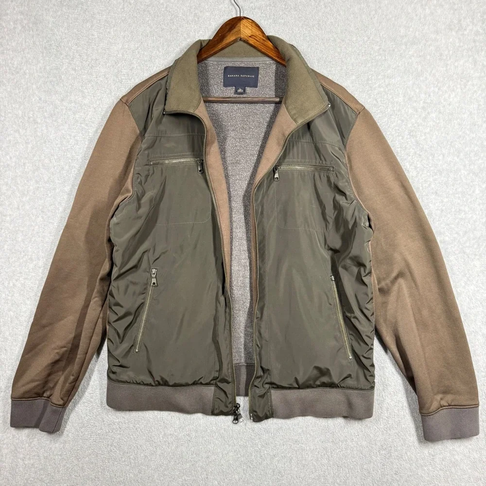 Banana Republic Men Large Mixed Media Full Zip Jacket Olive Brown Bomber Utility